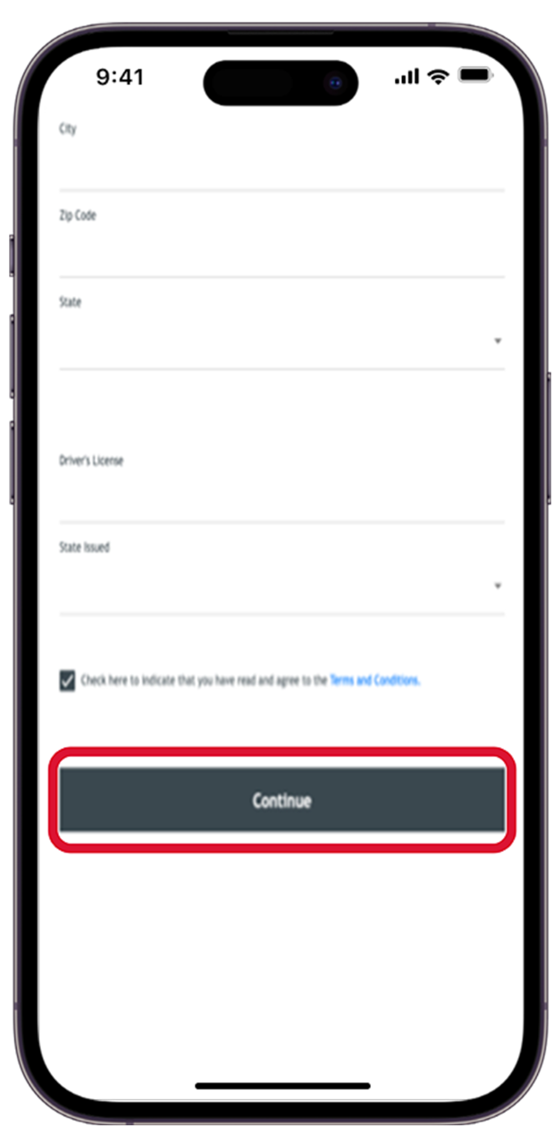 mobile app continue screen