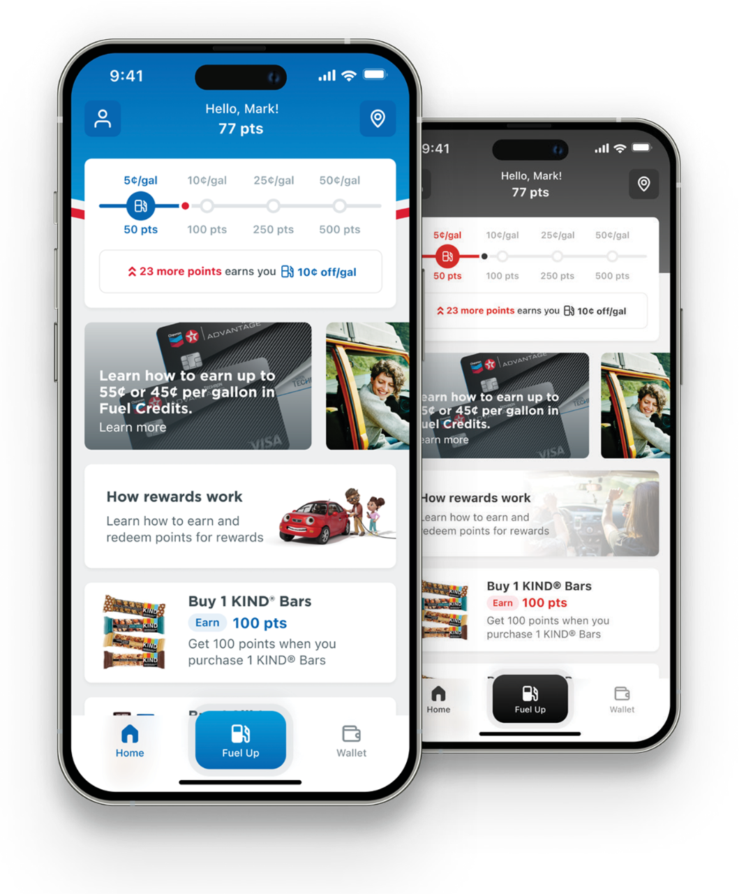 Chevron and Texaco app homepage screens