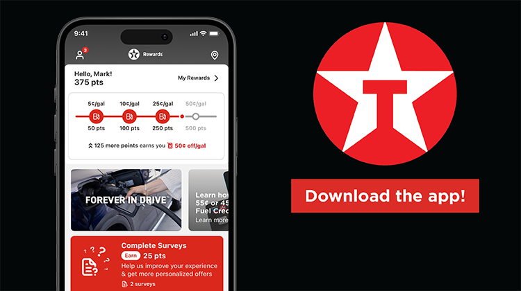 Texaco  logo Download the app with phone screen